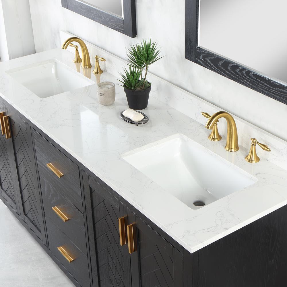 Gazsi 72" Double Bathroom Vanity Set in Black Oak with Grain White Composite Stone Countertop Without Mirror