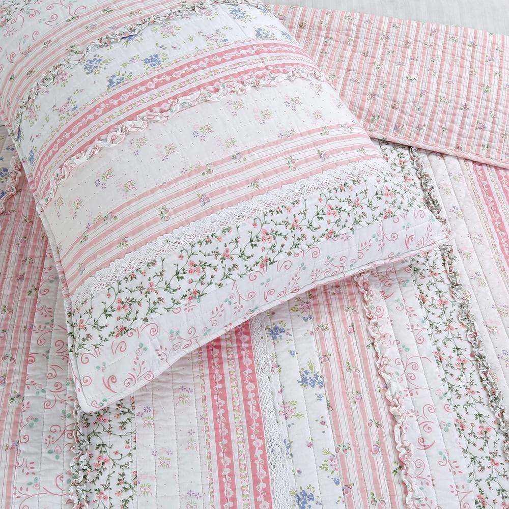 Pink Rose Peonies Ruffle 4-Piece Pink Floral Stripe Cotton Bedding Set with Decor Pillow King Quilt Set