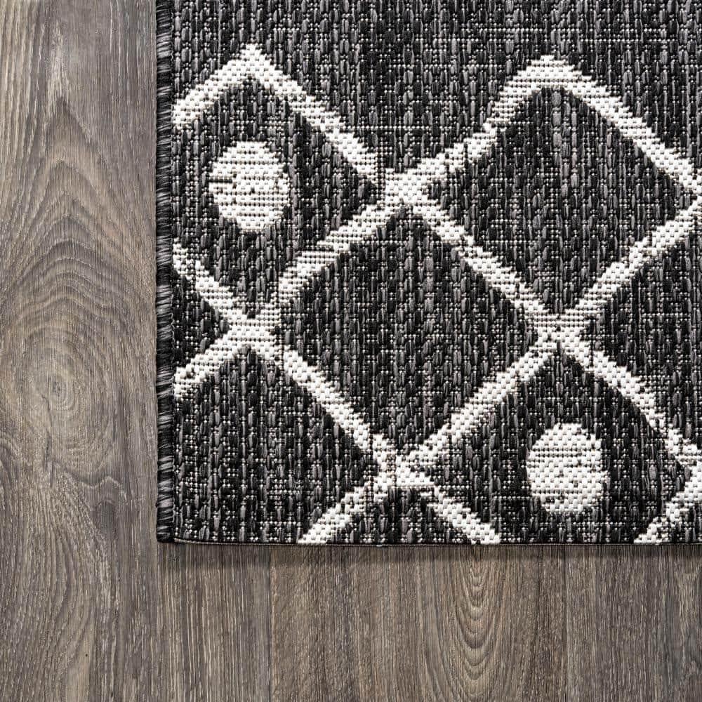 2'x10' Nokat Modern Bohemian Styled Indoor/Outdoor Runner Rug, Black/Ivory - JONATHAN Y