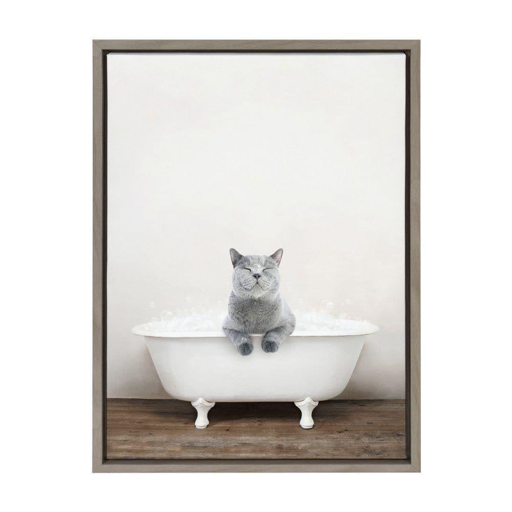18" x 24" Sylvie Cat in Rustic Bath Framed Canvas by Amy Peterson: Bathroom Wall Art Decor - Kate & Laurel
