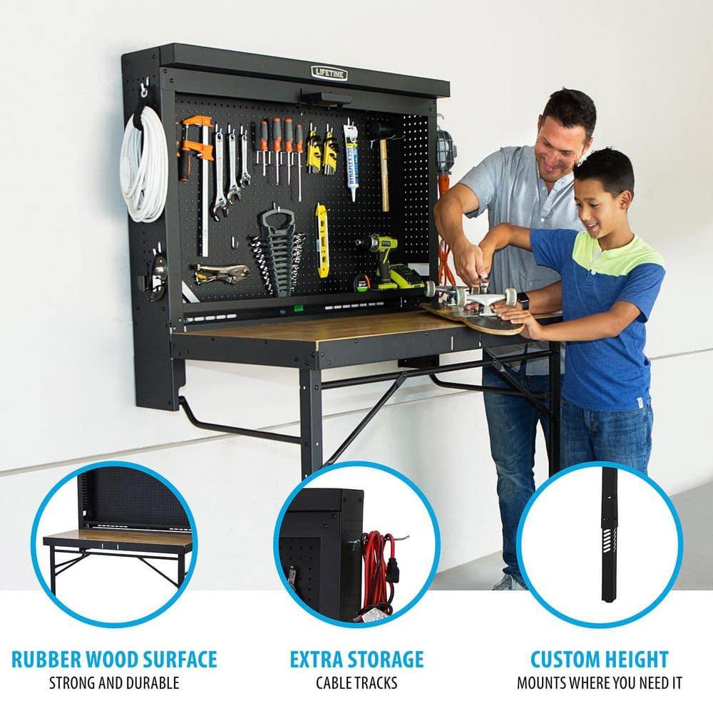 Lifetime Wall Mounted Pegboard Shelf Storage Wood and Steel Folding Work Table