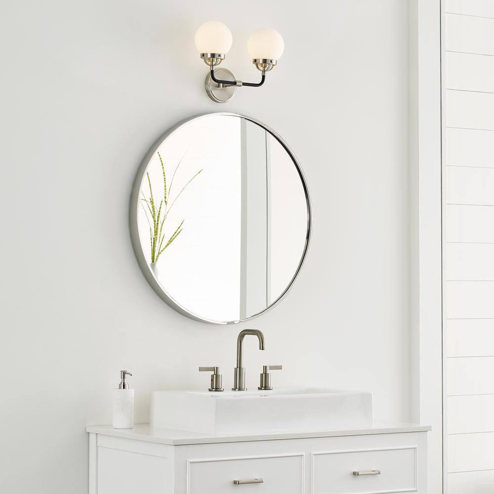Cafe 14 in. W 2-Light Brushed Nickel Vanity Light with Etched/White Glass Shades and Matte Black Frame Accents