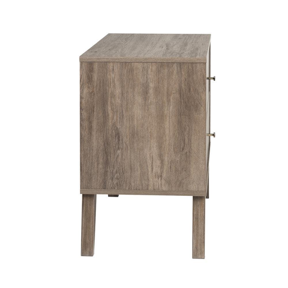 Prepac Mid Century Modern 2 Drawer Wide Nightstand Drifted Gray : Rubberwood Construction, Rectangle Shape, 25" Height