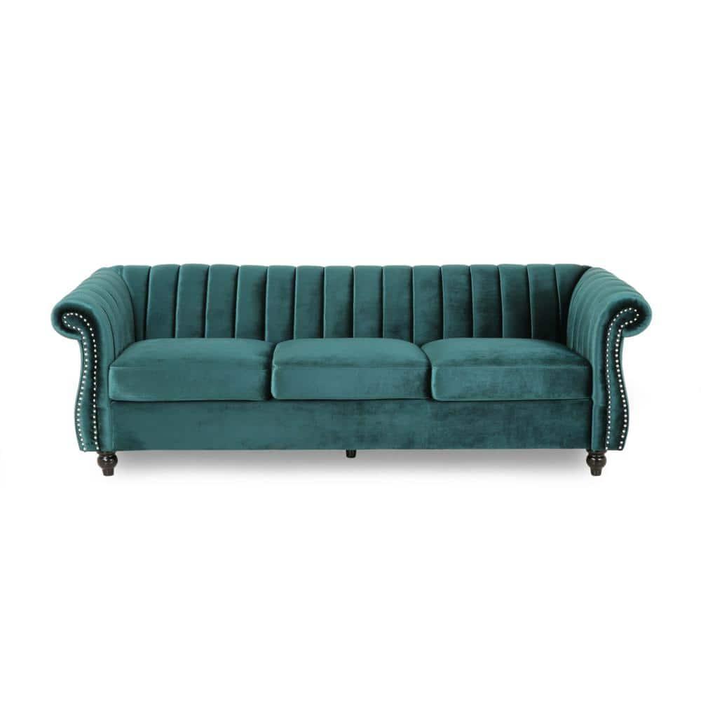 Noble House Fenix Velvet Channel Stitch 3 Seater Sofa, Teal