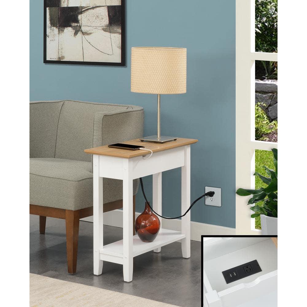 Convenience Concepts American Heritage Flip Top End Table with Charging Station and Shelf, Driftwood/White
