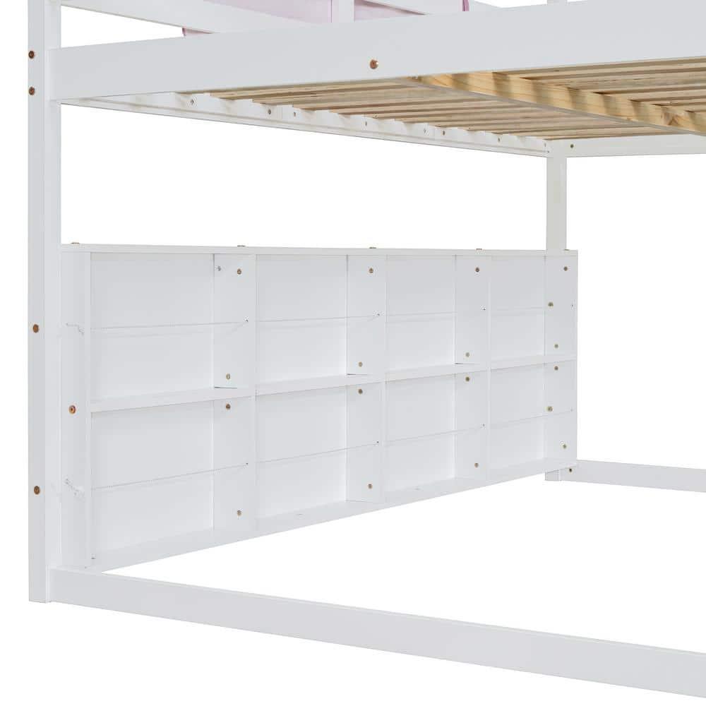 Kumix Full Size Loft Bed with Slide and Tent, House Loft Bed with Car-Shaped Storage and 2 Tier Shelves, Wood Loft Bed with Safety Guardrail & Ladder for Kids Teens Boys Girls, Noise-Free, Pink