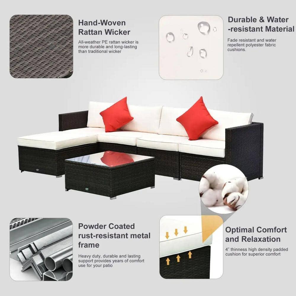 Outsunny 6 Pieces Outdoor PE Rattan Sofa Set, Sectional Conversation Wicker Patio Couch Furniture Set with Cushions and Coffee Table, White