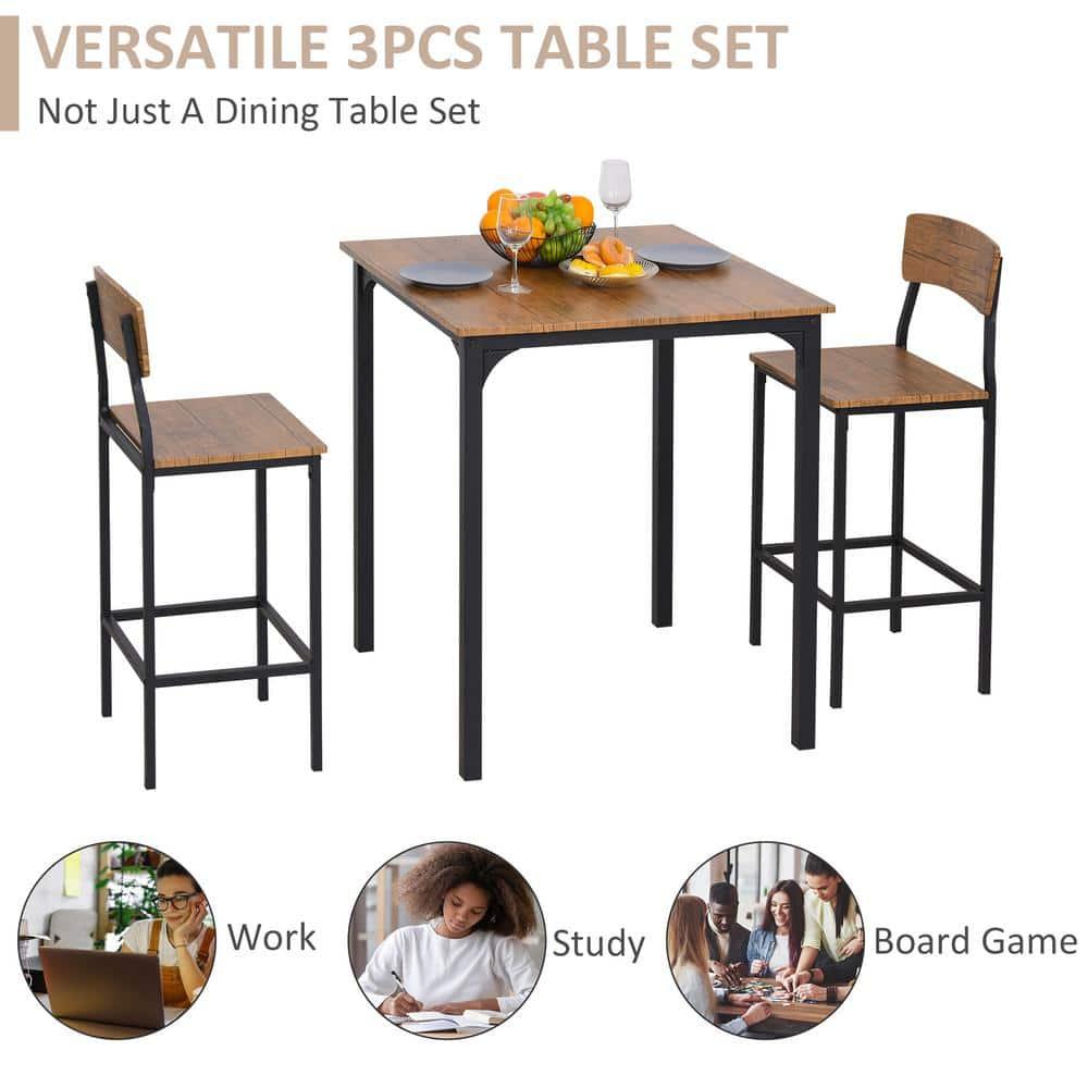 17 Stories 3 Piece Square Industrial Small Dining Table Set, Bar Table and Chairs Set, Rustic Brown and Black