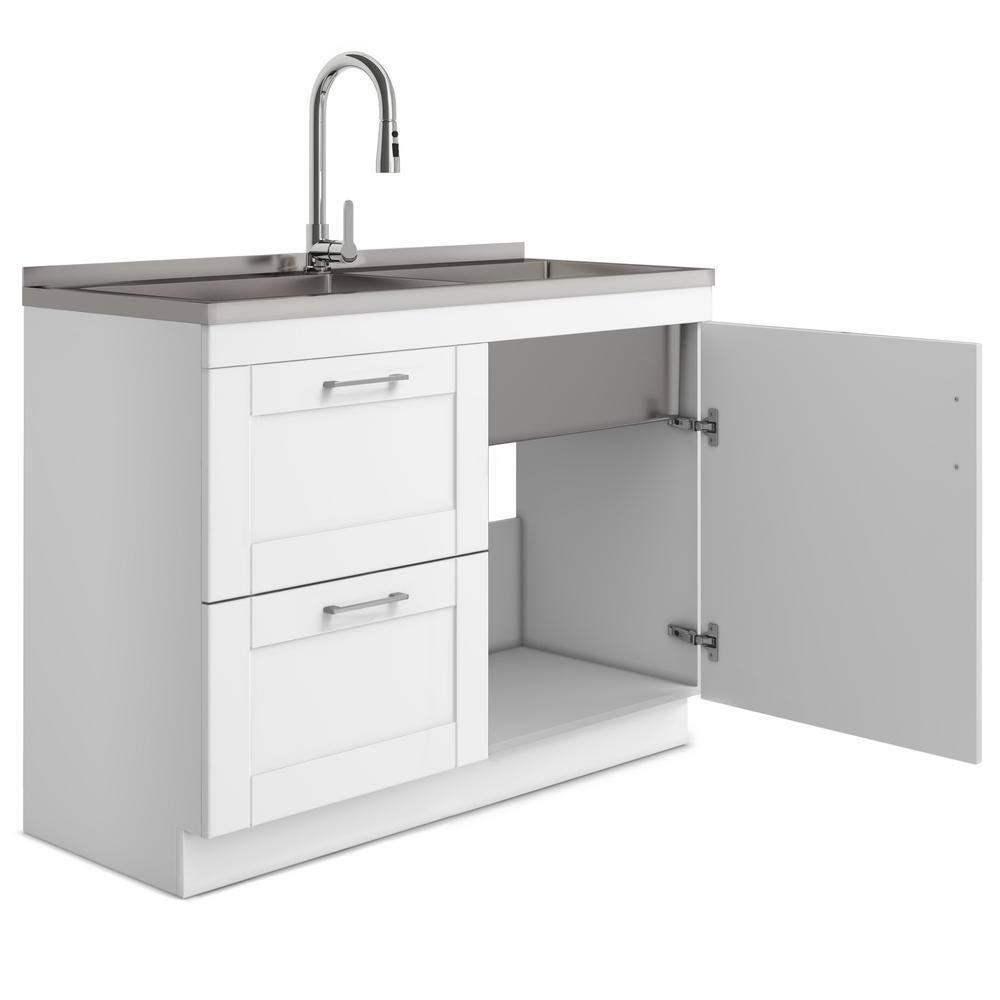 Modern Wide Shaker 46"W Utility Sink & Laundry Cabinet with High-Arc Facet and Stainless Steel Sink, White