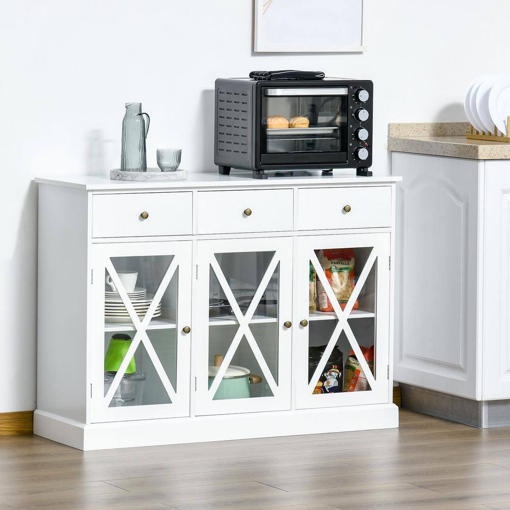 Gracie Oaks 45" Farmhouse Sideboard Buffet Cabinet, Credenza,Coffee Bar Cabinet with Glass Doors and 3 Drawers, White