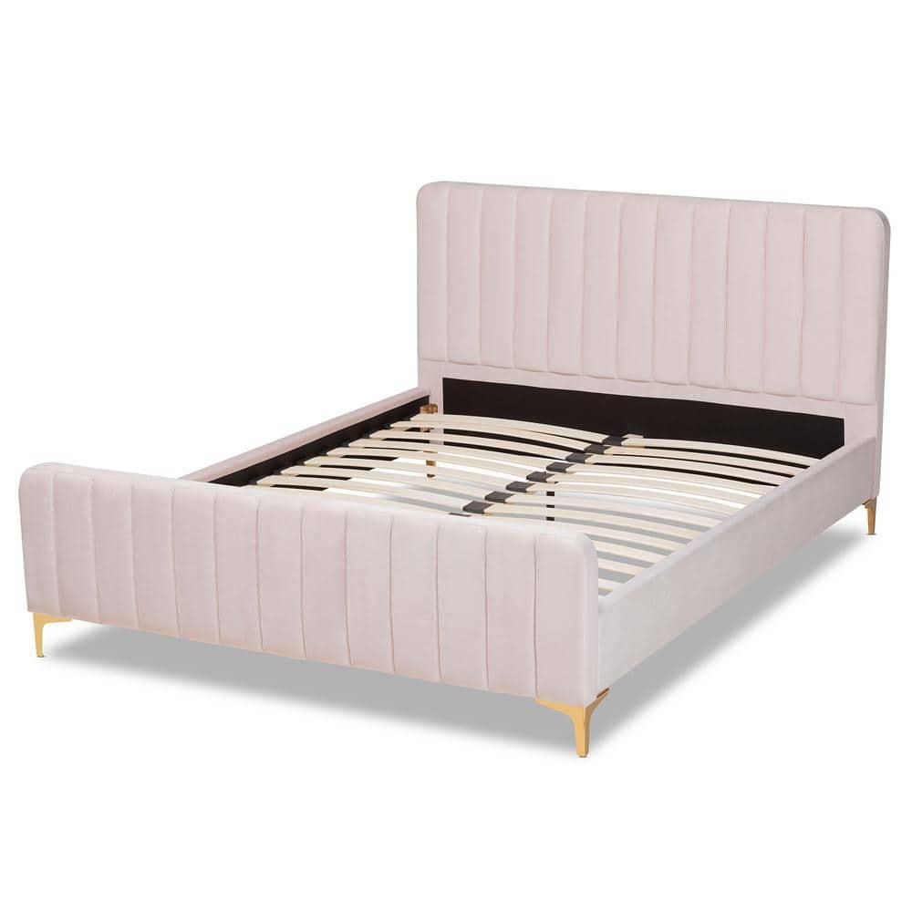 Full Nami Velvet Platform Bed Light Pink/Gold - Baxton Studio: Upholstered MDF Frame, No Box Spring Needed