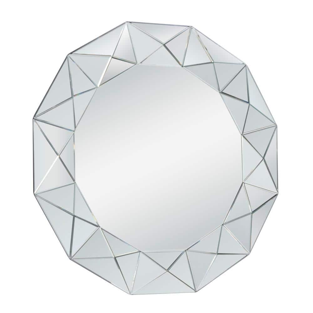 DecMode Glam Glass Silver Round Wall Mirror with Triangular Patterns, 40"D