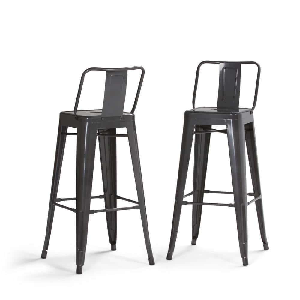 Simpli Home Rayne Metal Industrial Stool with Curved Back, Cross-Brace, and Footrest