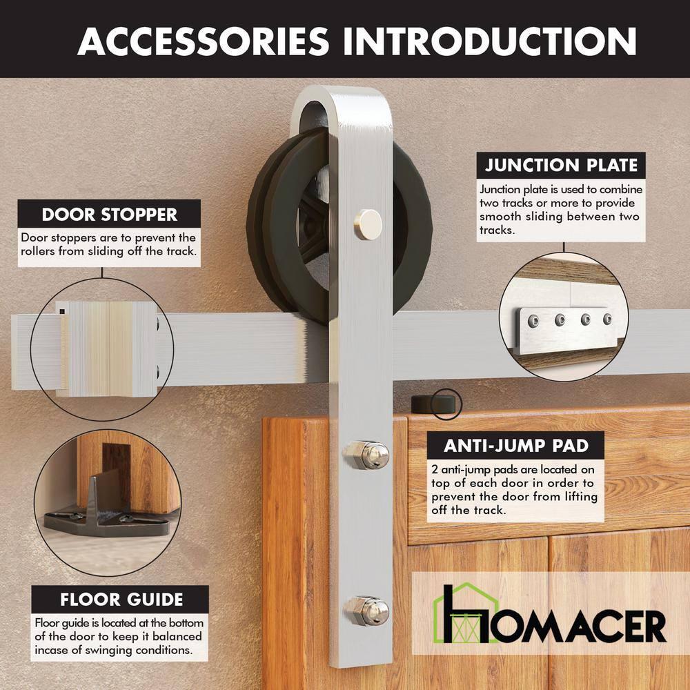 Homacer Brushed Nickel Sliding Barn Door Hardware Kit, for Two/Double Doors, 5ft Long Flat Track, Spoke Wheel Design Roller, Heavy Duty, for Interior & Exterior Use