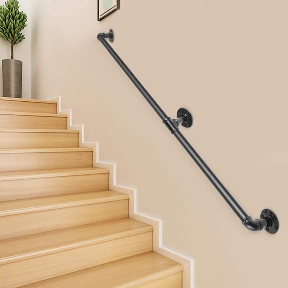 VEVOR Pipe Stair Handrail, 4FT Staircase Handrail, 440LBS Load Capacity Carbon Steel Pipe Handrail, Industrial Pipe Handrail with Wall Mount Support, Round Corner Wall Handrailings for Indoor, Outdoor