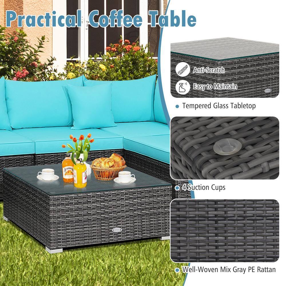 Costway 7PCS Patio Rattan Furniture Set Sectional Sofa Cushioned Turquoise