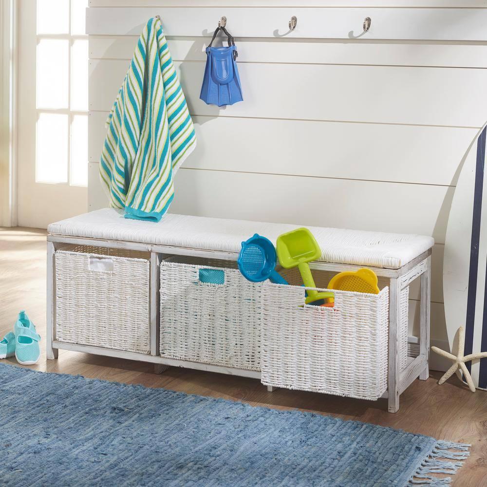 Kid''s Storage Bench With Woven Top And Baskets