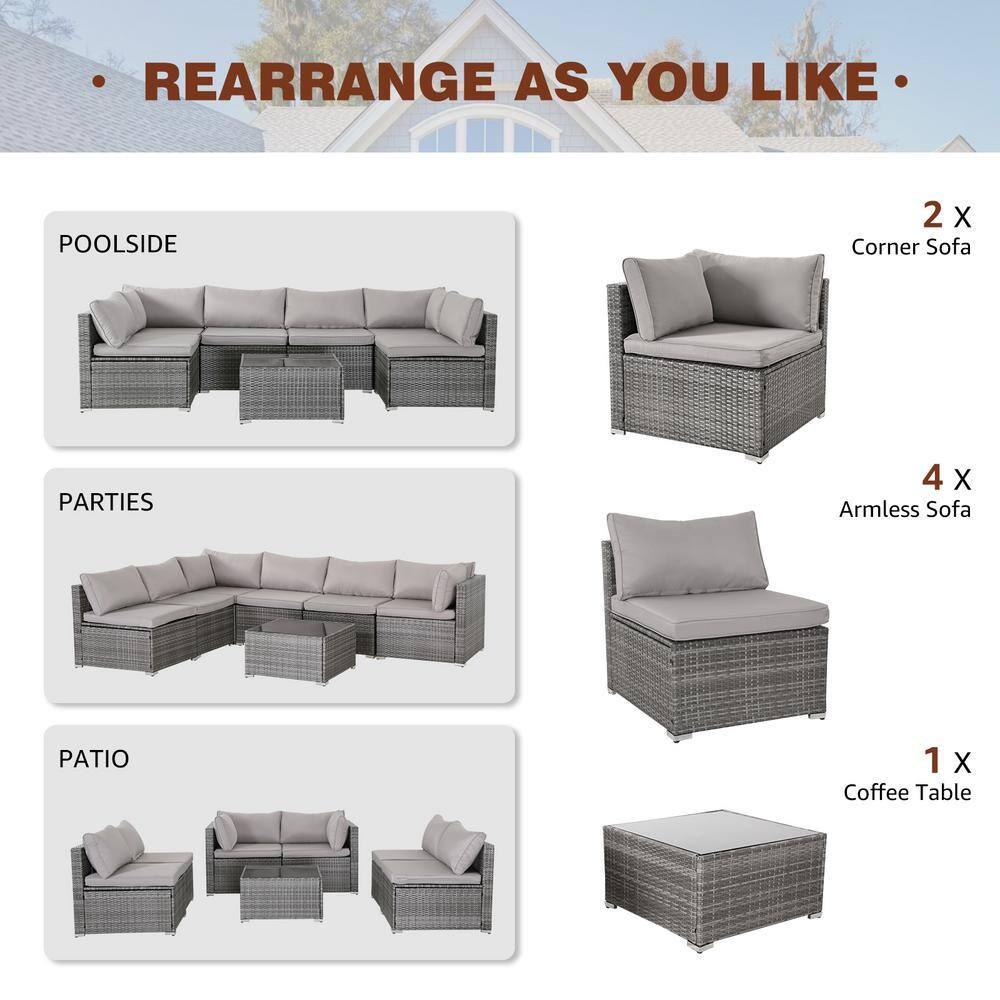 Valita 7 Piece Outdoor PE Wicker Furniture Set, Patio Gray Rattan Sectional Sofa Couch with Washable Grey Cushions