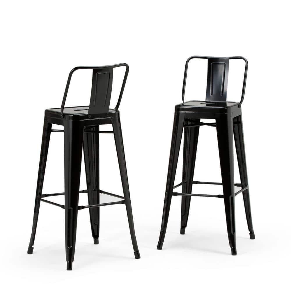 Simpli Home Rayne Metal Industrial Stool with Curved Back, Cross-Brace, and Footrest
