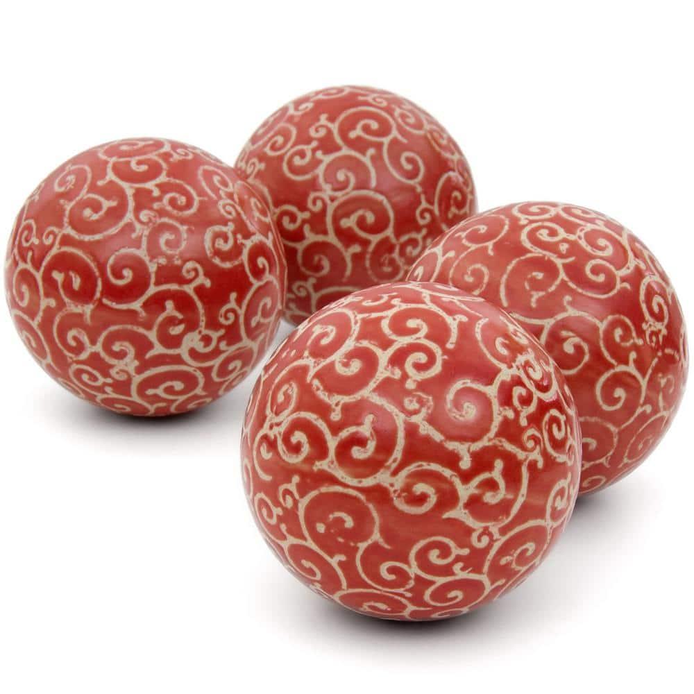 Oriental Furniture 4" Red and Beige Vines Porcelain Ball Set, Decorative item, Center piece, living room item