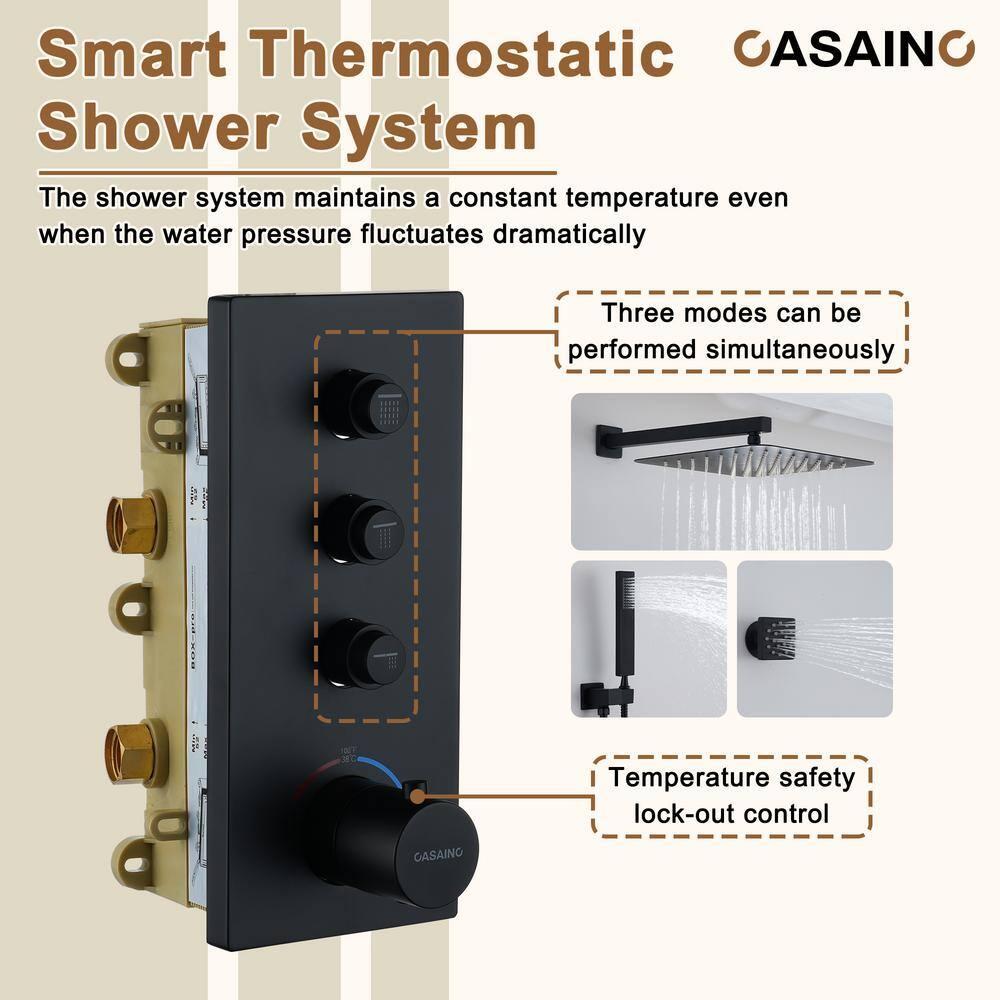 3 Functions 12 Inch Wall Mount Thermostatic Shower System with 6 Body Jets