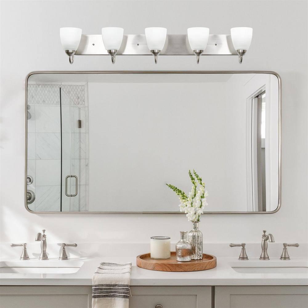 Kira Home Armada 37" 5-Light Over Mirror / Bathroom Light, Frosted Glass Shades, Curved Arms, Brushed Nickel