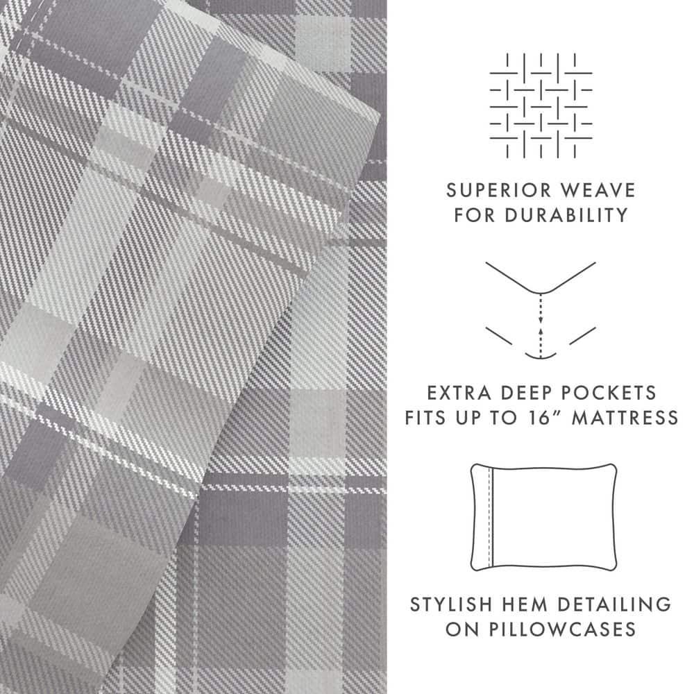 Light Grey Plaid 4 Piece 100% Cotton Flannel Deep Pocket Sheet Set, Queen, by Noble Linens