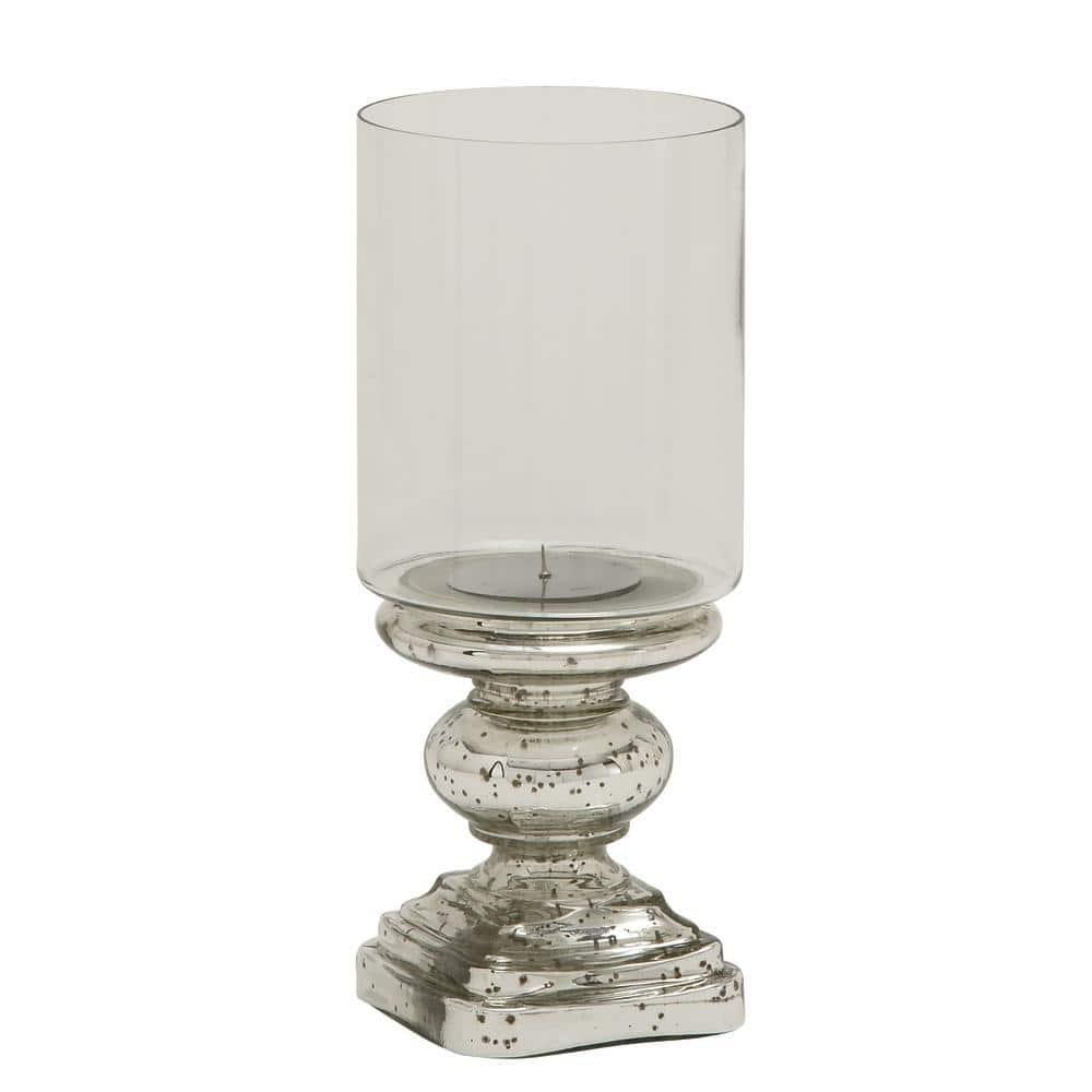 DecMode Silver Glass Handmade Turned Style Pillar Hurricane Lamp with Faux Mercury Glass Finish
