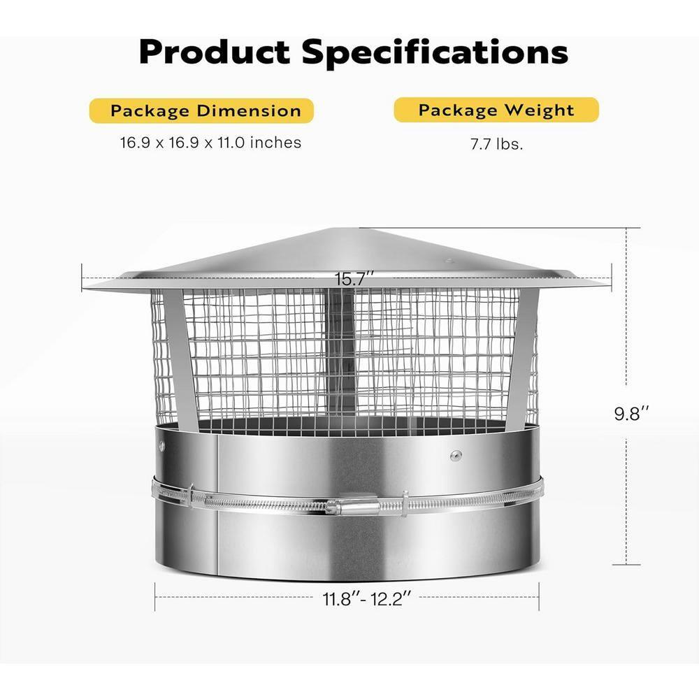 SPECSTAR 12" Cone Top Chimney Cap with Screen, Round Roof Rain Chimney Cover, Galvanized Steel Fireplace Exhaust Cap, Adjustable Roof Cap for Vent