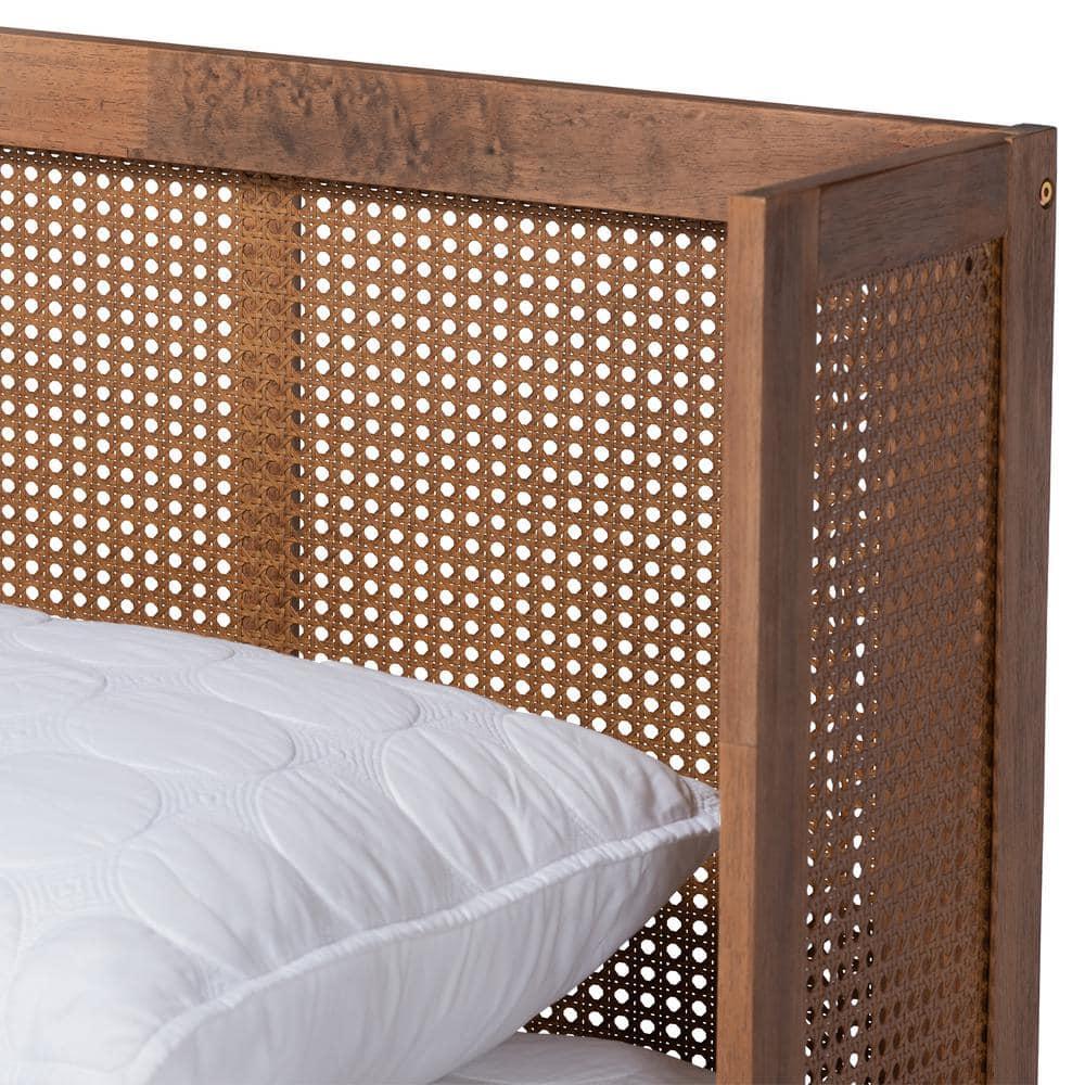Queen Rina Wood Platform Bed with Headboard Ash Walnut - Baxton Studio: Mid-Century Modern Design, Synthetic Rattan Panel