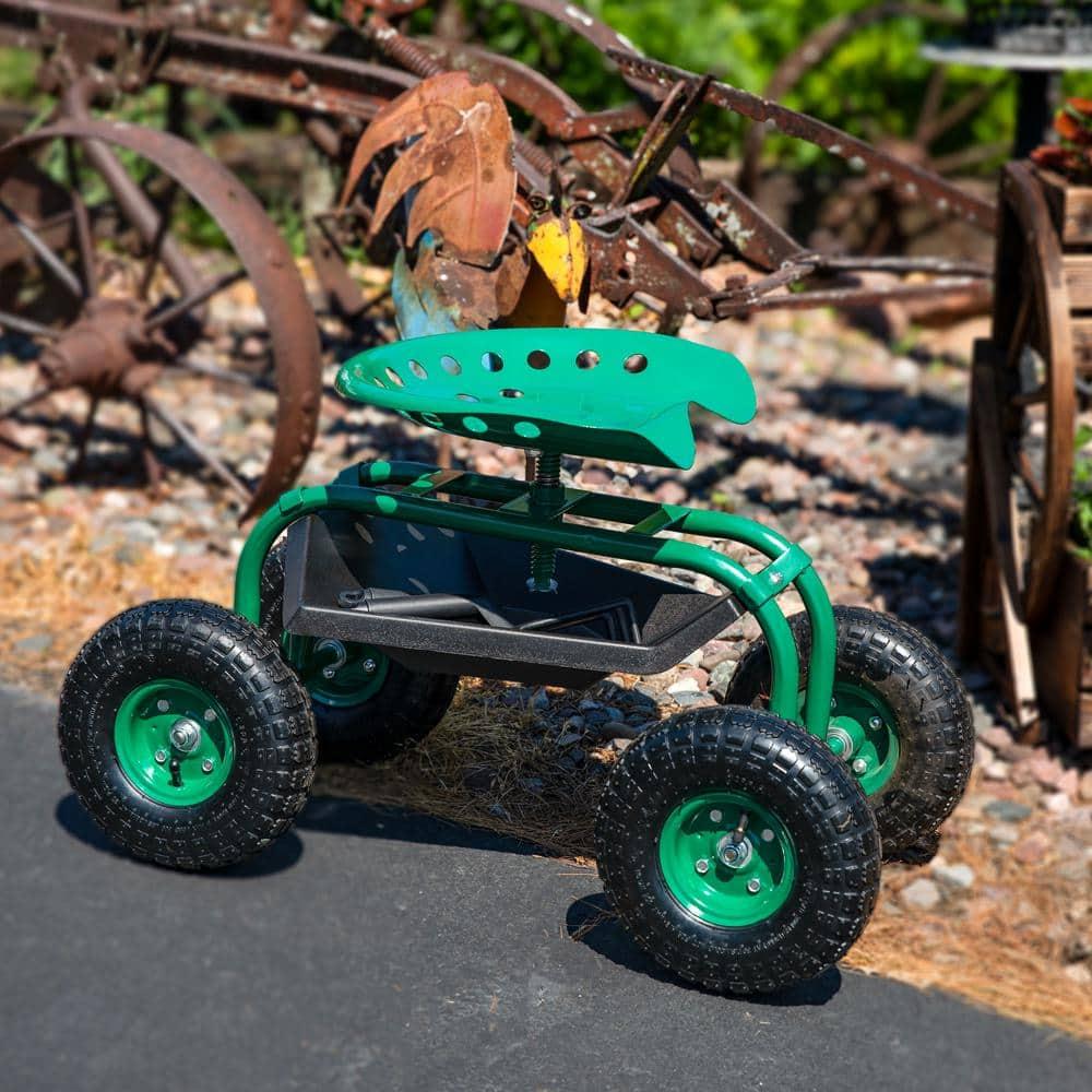 SunnyDaze Decor Steel Rolling Garden Cart Scooter with Swivel Seat and Tool Tray