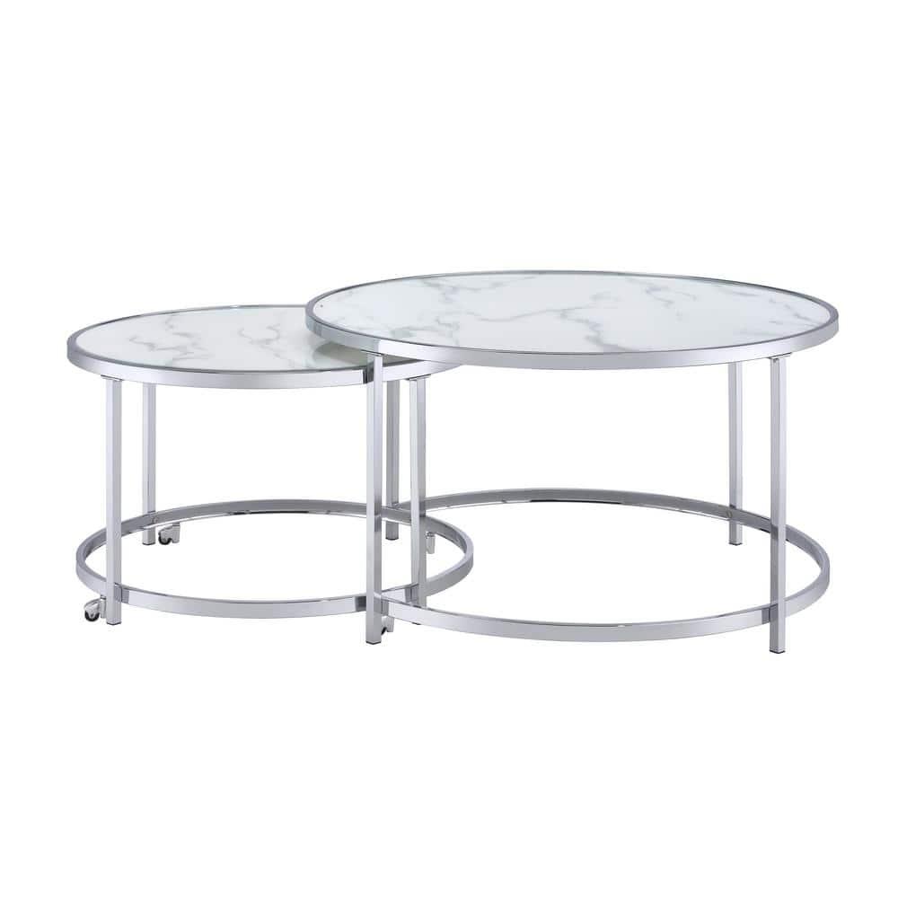 Rayne Nesting Cocktail Table White - Steve Silver Co.: Chrome Frame, Faux Marble Top, 2-Piece Set