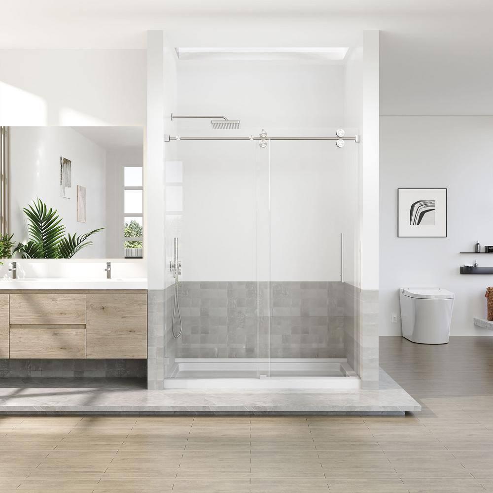 56-60 in. W x 76 in. H Sliding Frameless Shower Door in Brushed Nickel Finish with 5/16 in. (8 mm) Tempered Glass