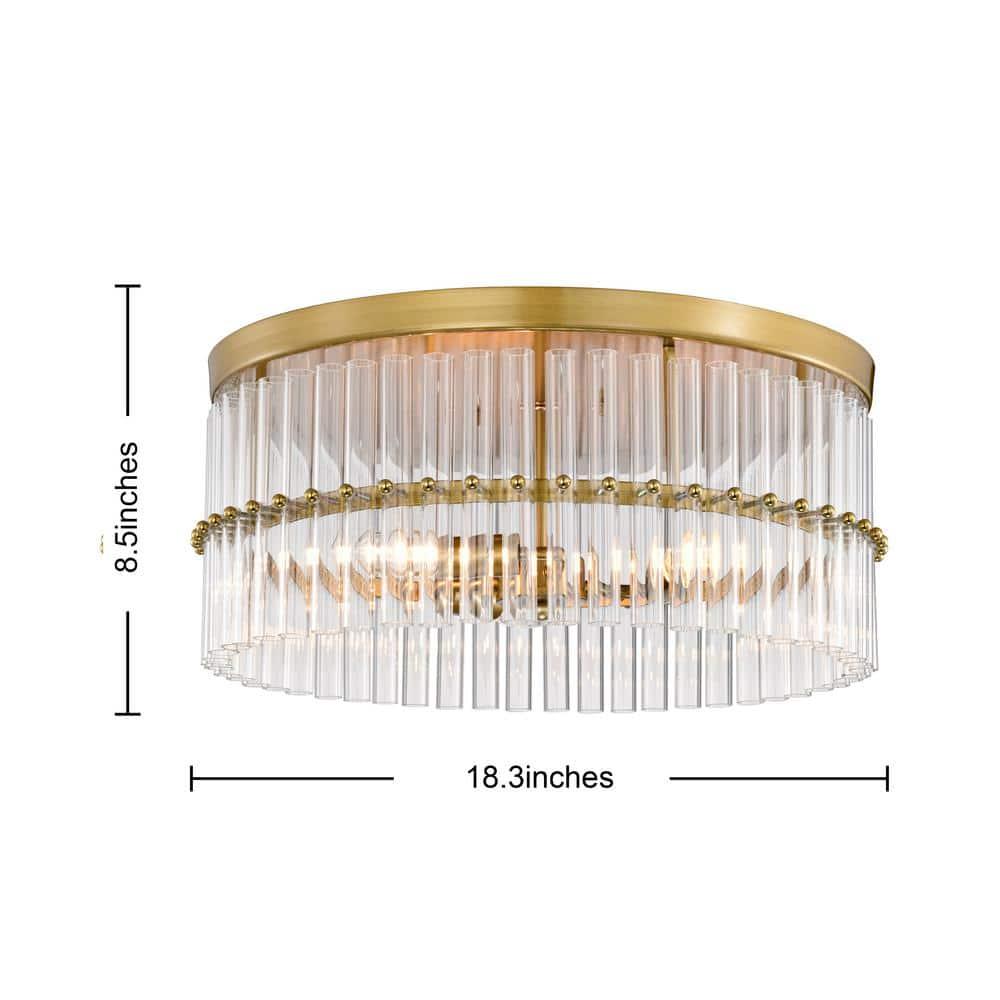 Luxury Round Antique Brass Metal with Tube Crystal 18 Inch Semi Flush Mount, Unique Elegant Ceiling Light, Hand-polished Close to Ceiling Light, Flush Mount Light for Living Room, Dining Room, Bedroo