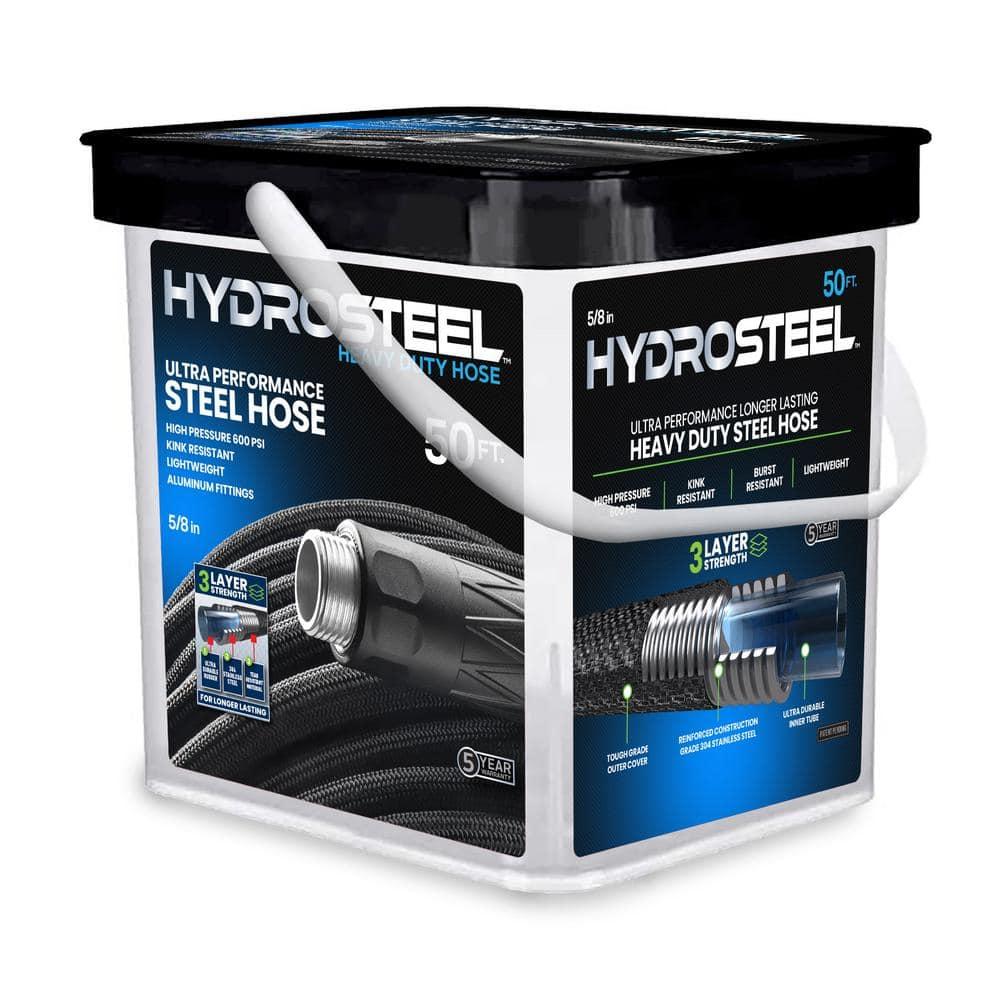 Hydrosteel Heavy Duty 50 Ft Ultra Performance Steel Garden Hose in a Bucket