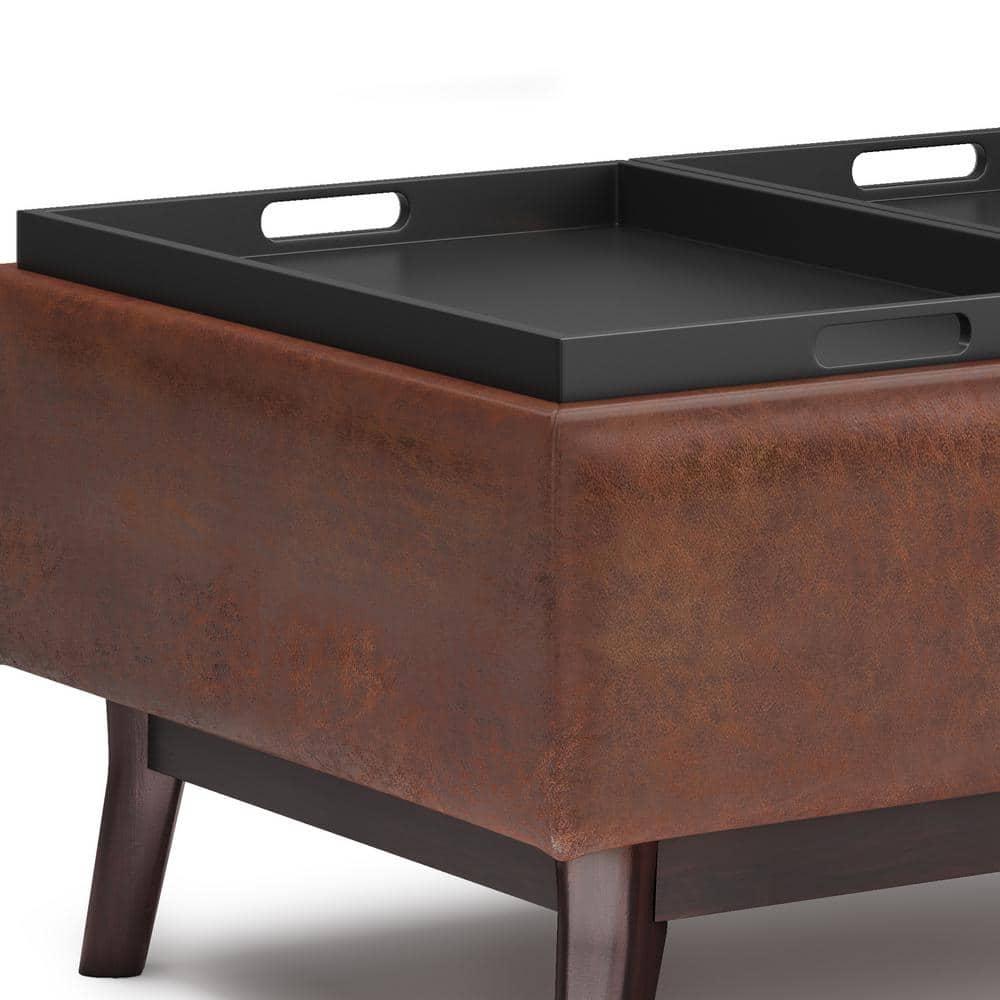 Simpli Home Owen 34"W Small Upholstered Coffee Table Storage Ottoman with Flip-Over Tray Top and Solid Wood Legs
