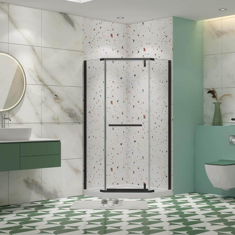 34.75" Wx72 H Neo-Angle Frameless Shower Door,Corner Shower Enclosure 304 Stainless Steel Handle,Pivot Shower Door with 1/4 in(6mm) Thick Tempered Clear Glass（Shower Base Not Included Black