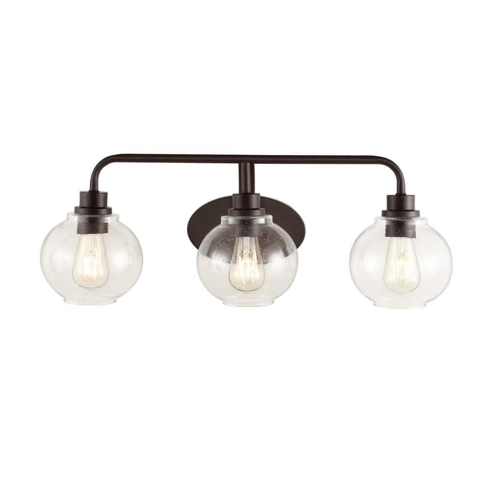 JONATHAN Y Sandrine 26.25" 3-Light Iron/Seeded Glass Cottage Rustic LED Vanity Light, Oil Rubbed Bronze