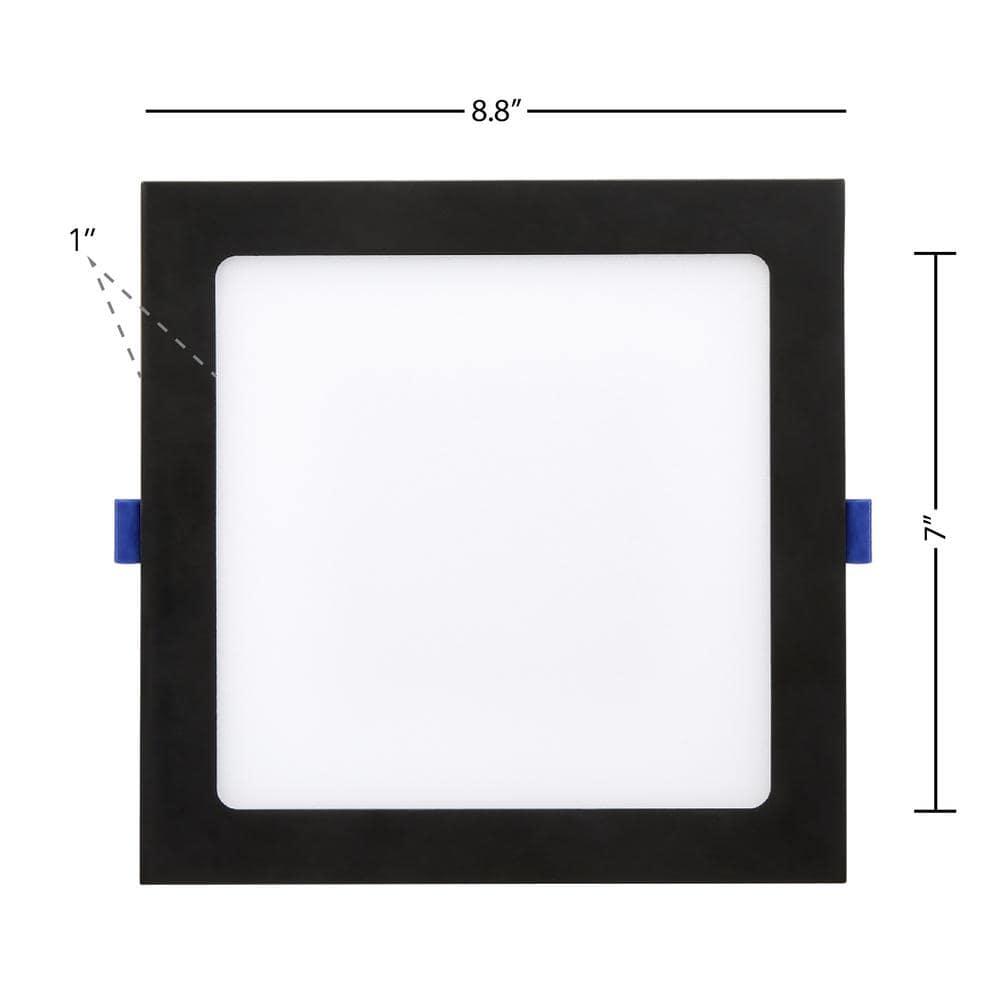 Maxxima 8 in. 5CCT Square Recessed LED Downlight, 1400 Lumens Slim Flat Panel Color Selectable 2700K/3000K/3500K/4000K/5000K, Dimmable, Canless IC Rated, Black Trim, J-Box Included