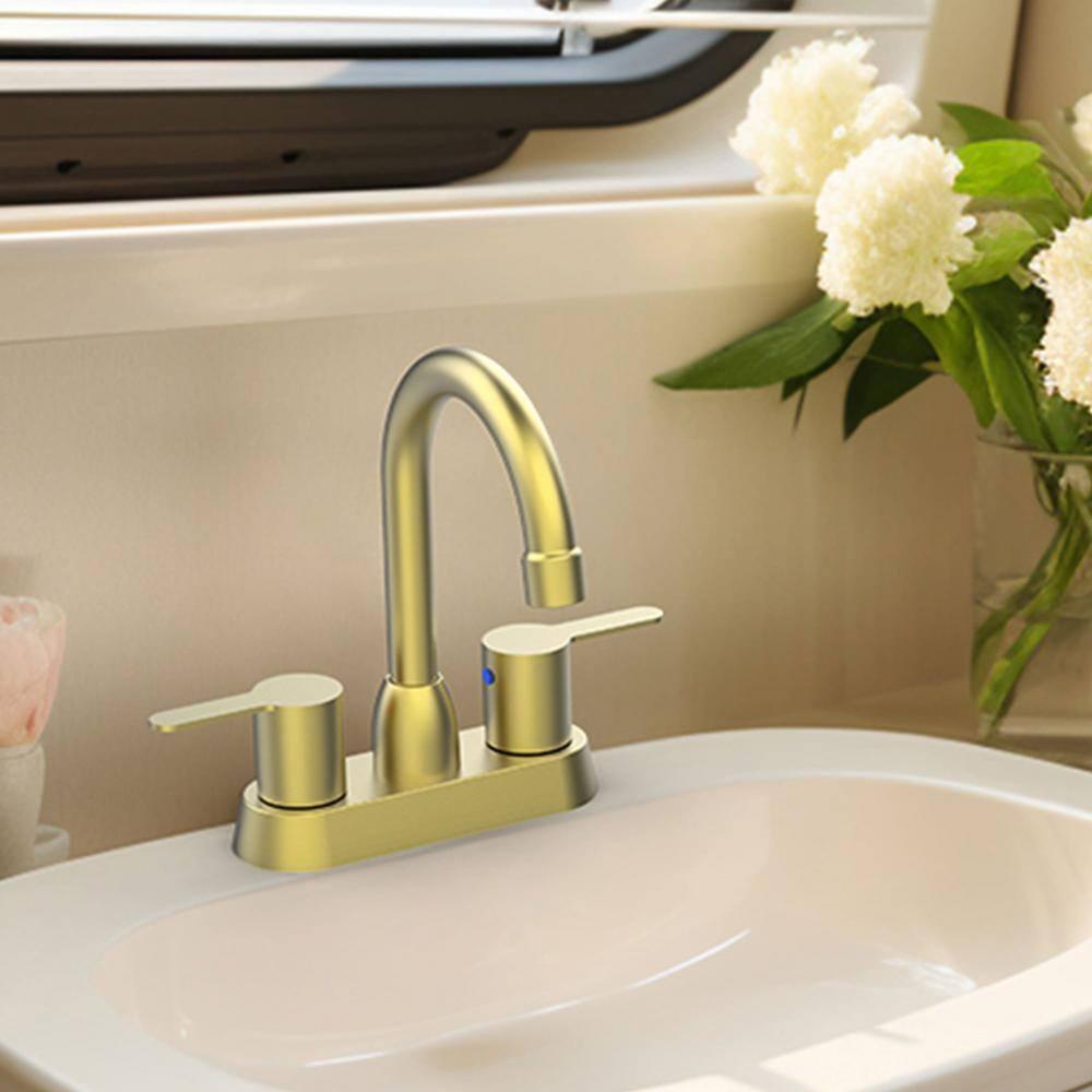 Brushed Gold Bathroom Faucet - 2 Handle, 360 Degree Swivel Spout, Centerset, 4 Inch Vanity, RV & Lavatory Use