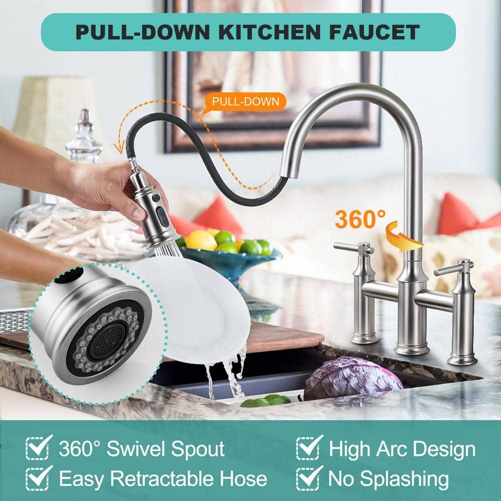 Brushed Nickel Bridge Kitchen Faucet: 3 Holes Kitchen Faucet with Pull Down Sprayer - Two Handles 8 Inch Centerset Kitchen Sink Faucet, 360° Swivel Spout
