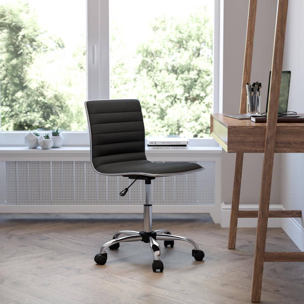 QueelQuest Adjustable Task Chair PU Leather Low Back Ribbed Armless Swivel Black Desk Chair Office Chair Wheels (Black)