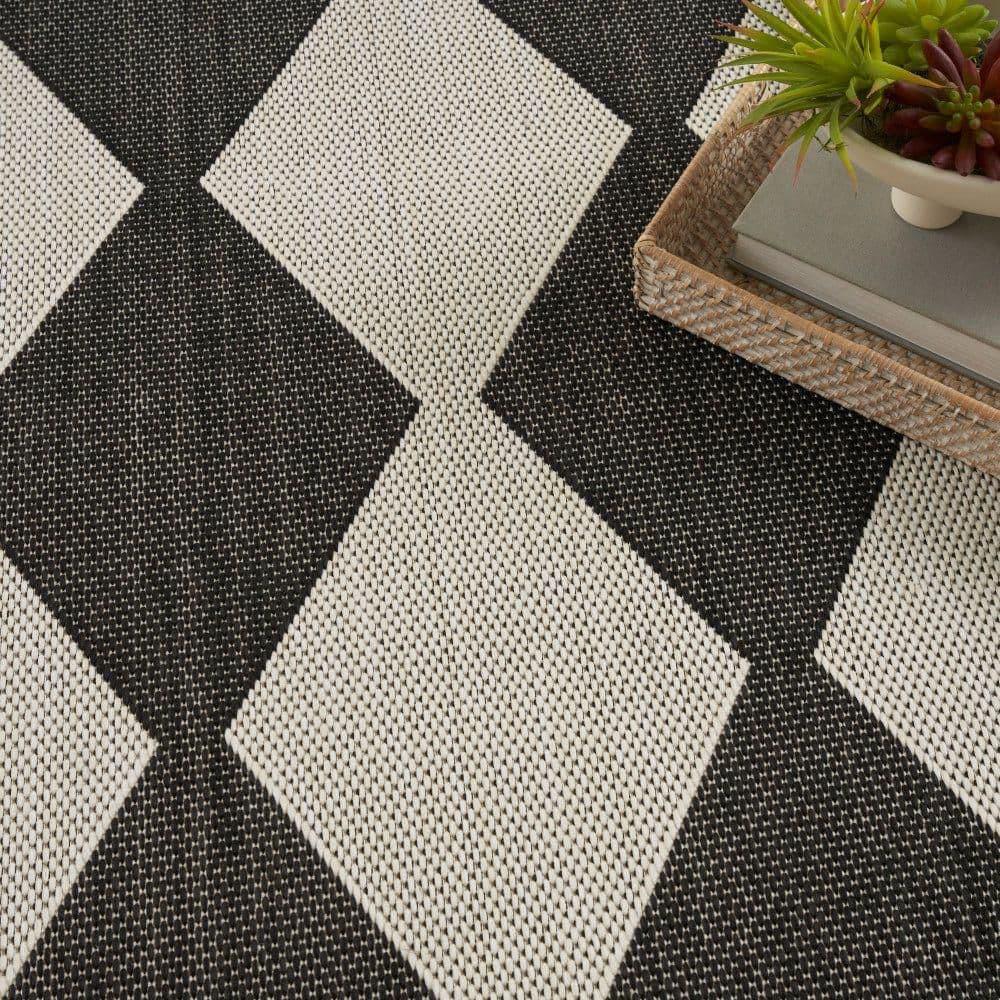 Nourison Positano Retro Diamond Flatweave Indoor Outdoor Low Pile Area Rug Black 8' x 10'