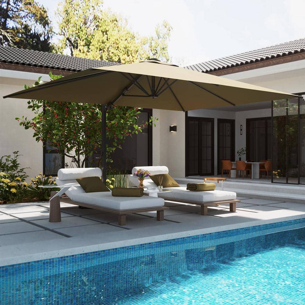 Mondawe 10x13 Ft Patio Cantilever Umbrella with Base and 360° Rotation Offset,Large Rectangular Outdoor Umbrella for Pool Deck, Tan