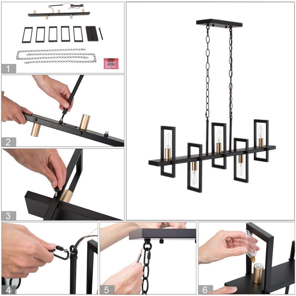 Uolfin Modern Rectangle Dining Table Chandelier Transitional 5-Light Black and Brass Kitchen Island Candlestick Chandelier
