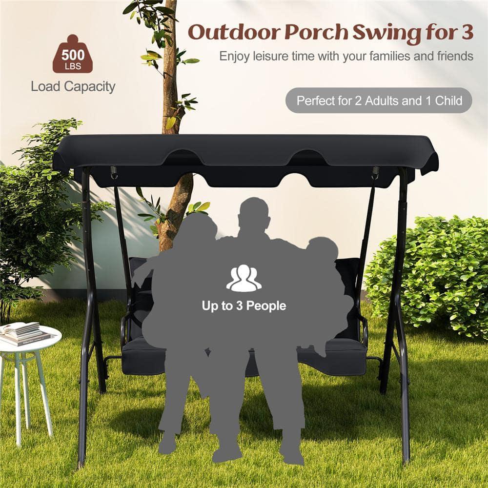 Black Steel Frame 3-Person Patio Swing with Adjustable Canopy