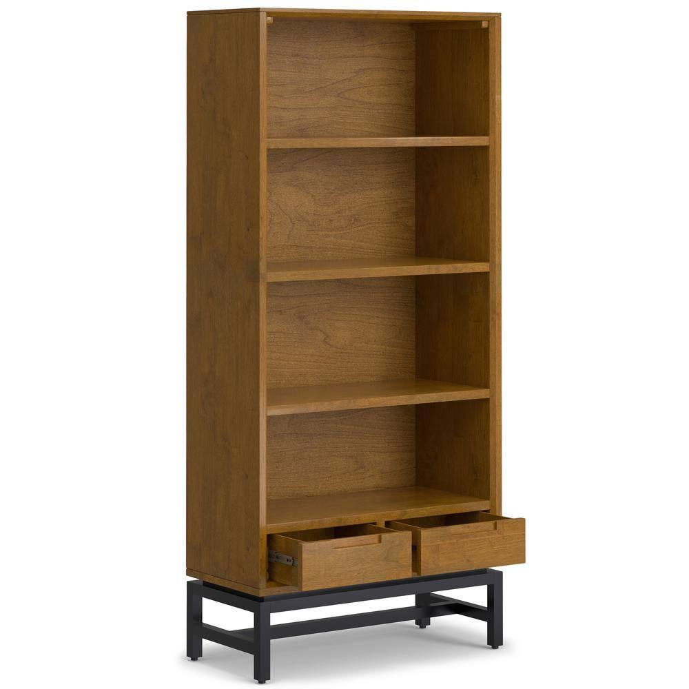 Banting 30"W Solid Wood 4 Shelf Industrial Bookcase with 2 Drawers, Adjustable Shelves, and Metal Base