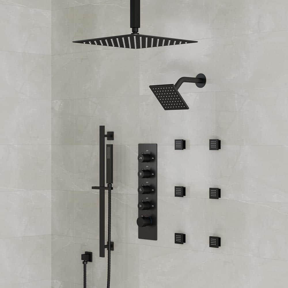 DualJetSpa 15-Spray Patterns 16" & 6" Dual Shower Head, Shower FaucetSystem with Thermostatic Rough-in Valve and Body Jets