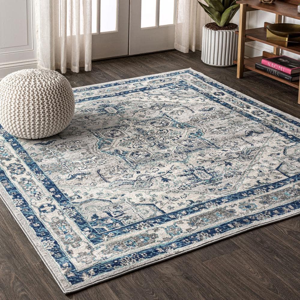 5'x5' Modern Persian Vintage Medallion Area Rug, Light Grey/Blue - JONATHAN Y