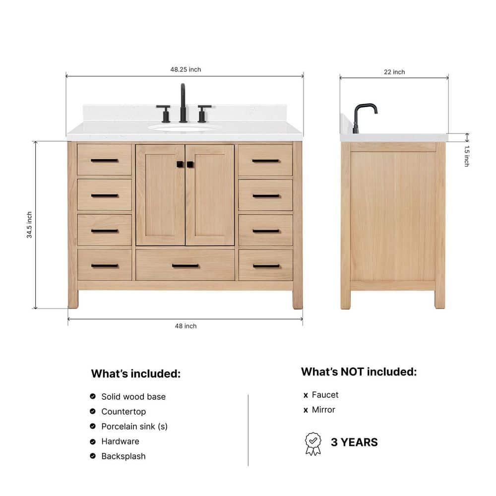 ARIEL Cambridge 48 Inch Single Oval Sink Bathroom Vanity With Carrara White Quartz Countertop 1.5 Inch Edge In Oak